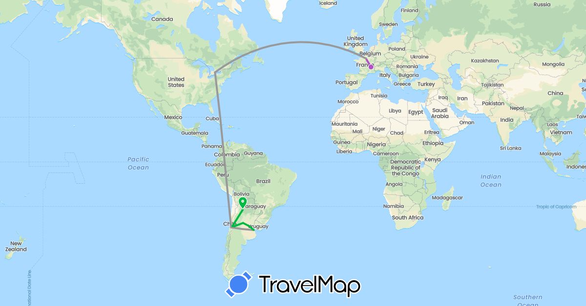 TravelMap itinerary: bus, plane, train in Argentina, Canada, Chile, France (Europe, North America, South America)